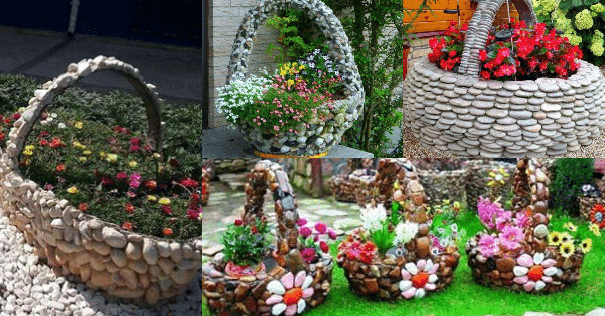 macizos de flores hechos con cestas de piedra