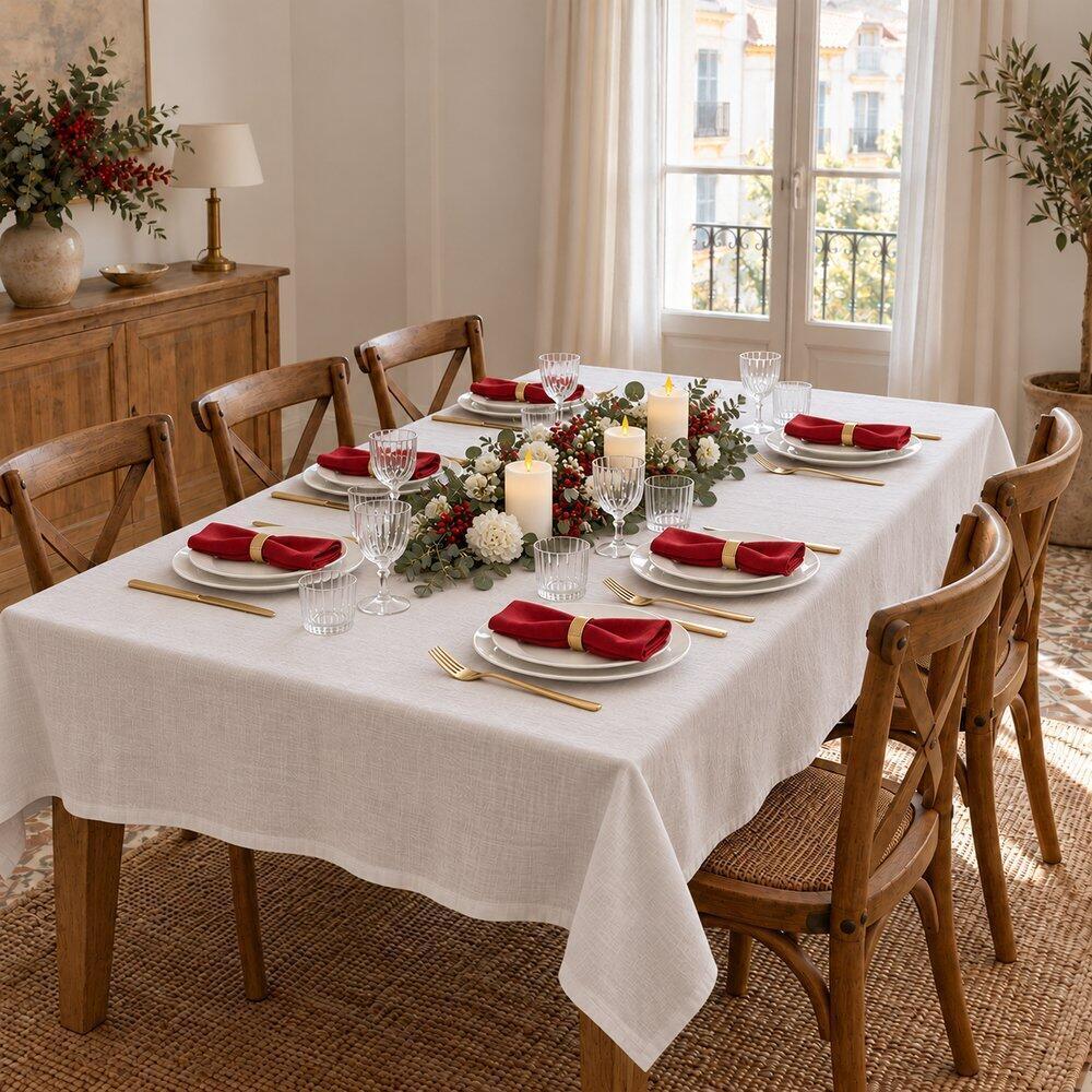 Mesa con lino blanco, servilletas rojas, bayas y cubiertos dorados