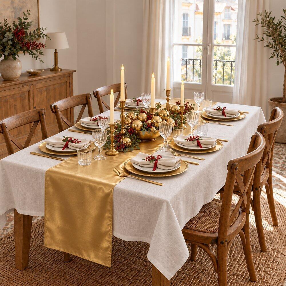 Mesa con camino ancho, bajoplatos y cubiertos dorados, candelabros de lat&oacute;n y bolas doradas
