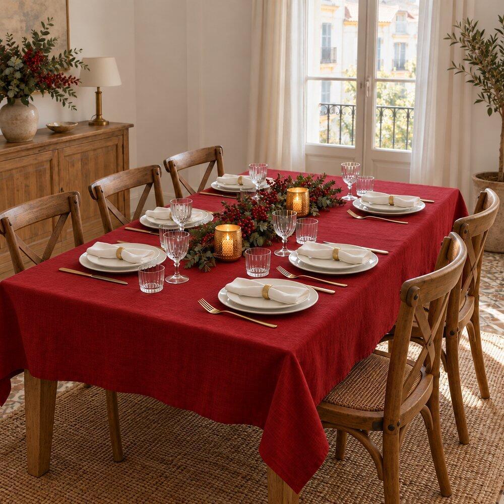 Mesa con mantel rojo, platos blancos y peque&ntilde;os detalles dorados