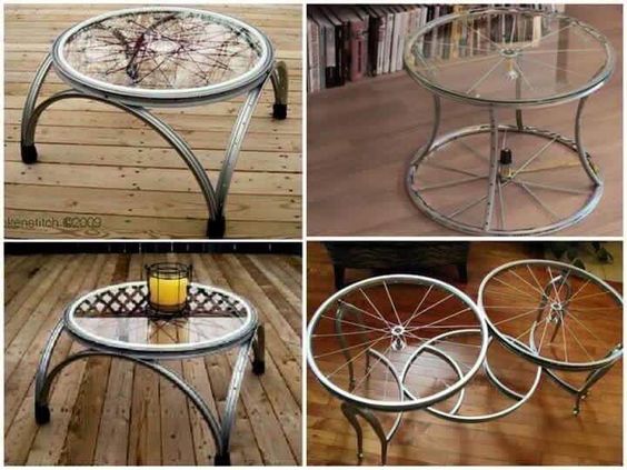 mesas hechas con ruedas de bicicleta