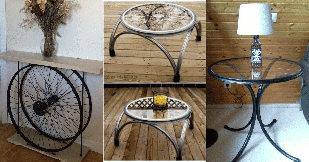 mesas hechas con ruedas de bicicleta