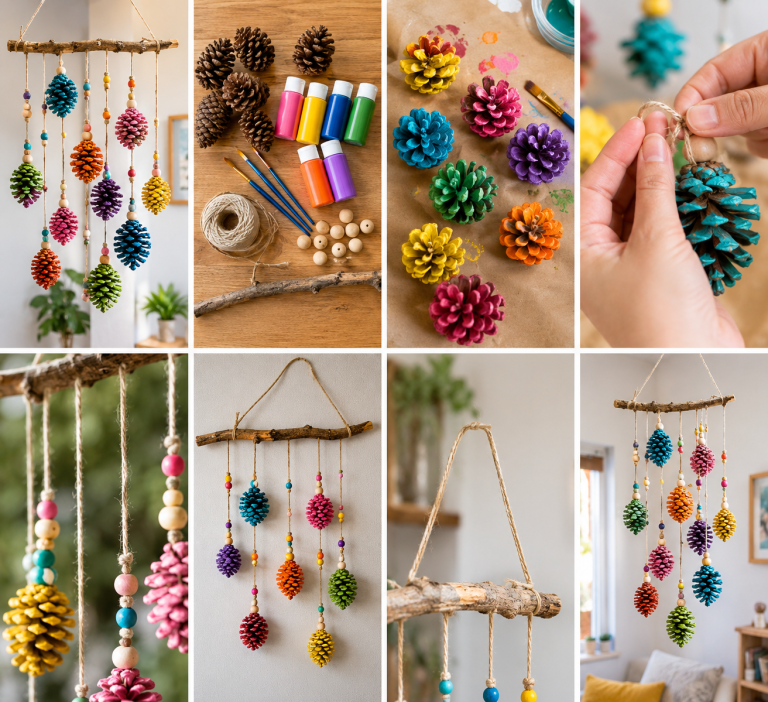 Móvil colorido hecho a mano con piñas: una decoración creativa y natural Móvil colorido hecho a mano con piñas: una decoración creativa y natural movil colorido hecho a mano con pinas 3