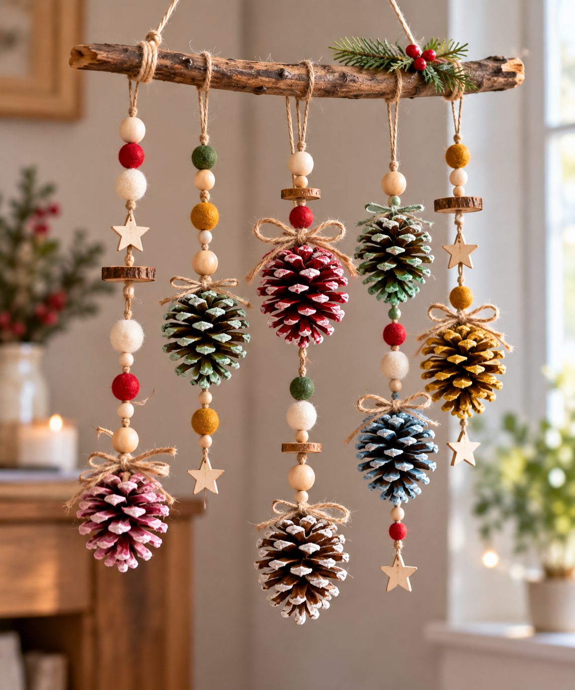 Móvil colorido hecho a mano con piñas: una decoración creativa y natural Móvil colorido hecho a mano con piñas: una decoración creativa y natural movil colorido hecho a mano con pinas