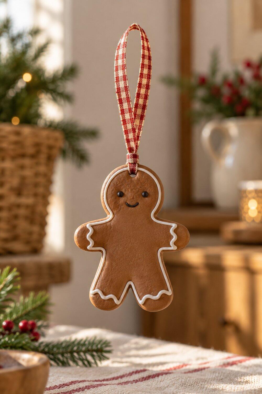 Adornos de Navidad caseros fáciles y bonitos Muñeco de jengibre de arcilla marrón con detalles de glaseado blanco