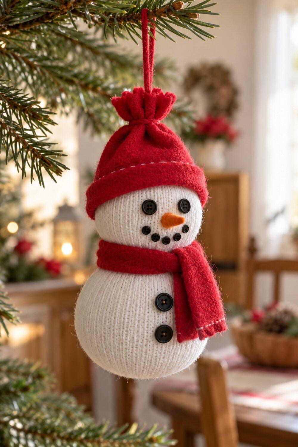 Adornos de Navidad caseros fáciles y bonitos Muñeco de nieve de calcetín blanco con gorro y bufanda roja