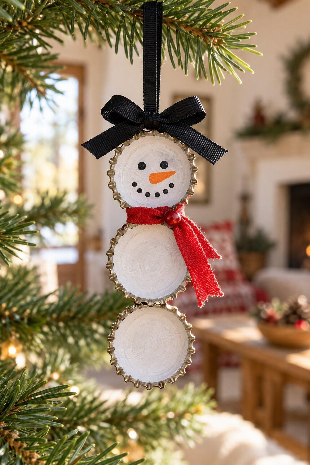 Adornos de Navidad caseros fáciles y bonitos Muñeco de nieve de tres chapas blancas con bufanda roja