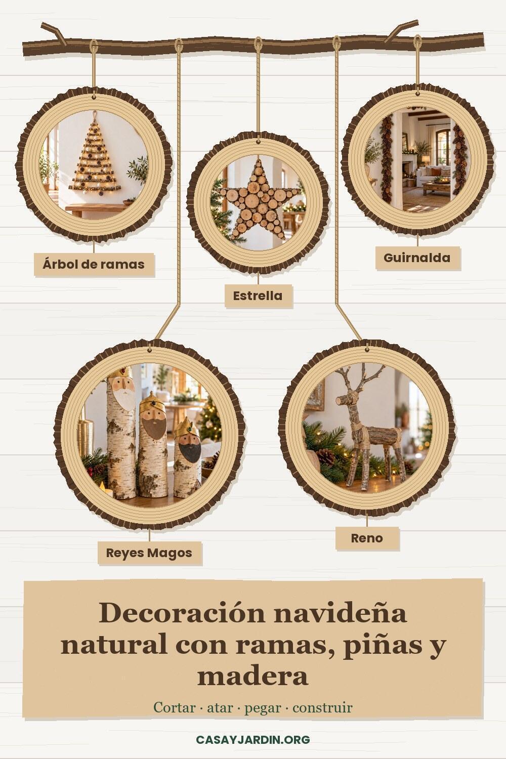 Decoración navideña natural con ramas, piñas y madera Pin de decoración navideña natural: árbol de ramas, estrella de madera, guirnalda de piñas, Reyes Magos de abedul y reno de ramitas