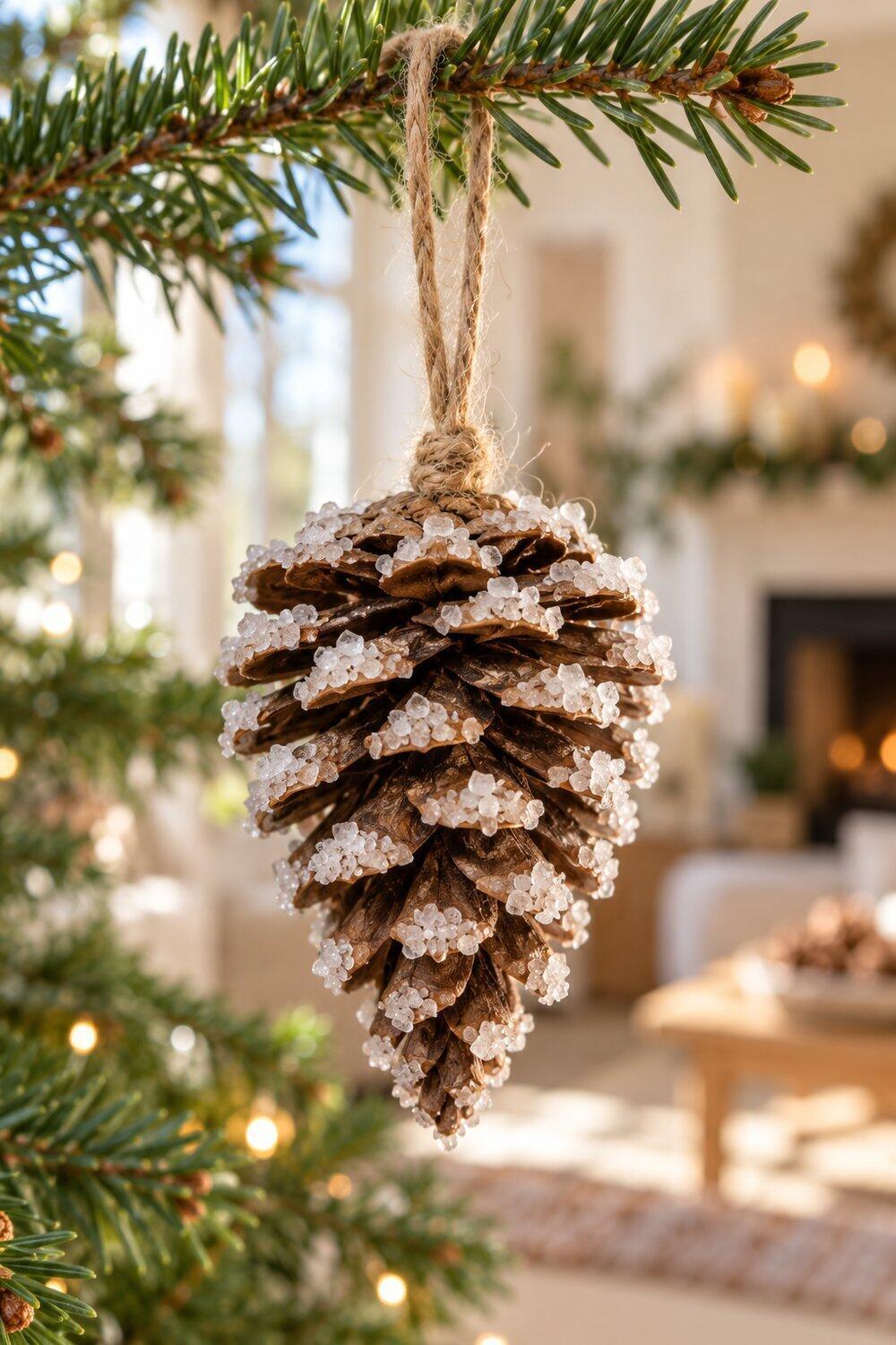Adornos de Navidad caseros fáciles y bonitos Piña natural con escamas nevadas de sal y cordel de yute