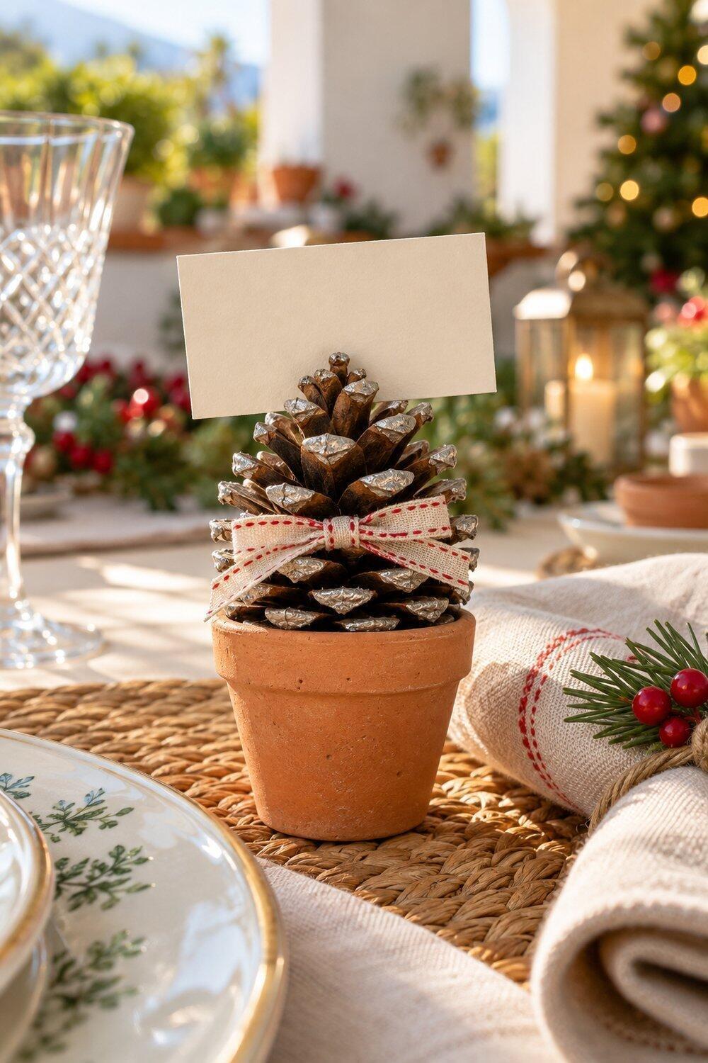 Ideas de Navidad con macetas de barro Piña con puntas plateadas en mini maceta junto a una servilleta navideña