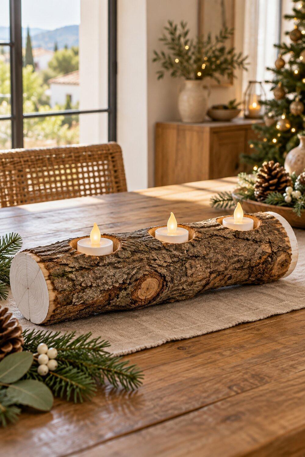 Decoración navideña natural con ramas, piñas y madera Rama horizontal de madera con alojamientos para pequeñas velas LED