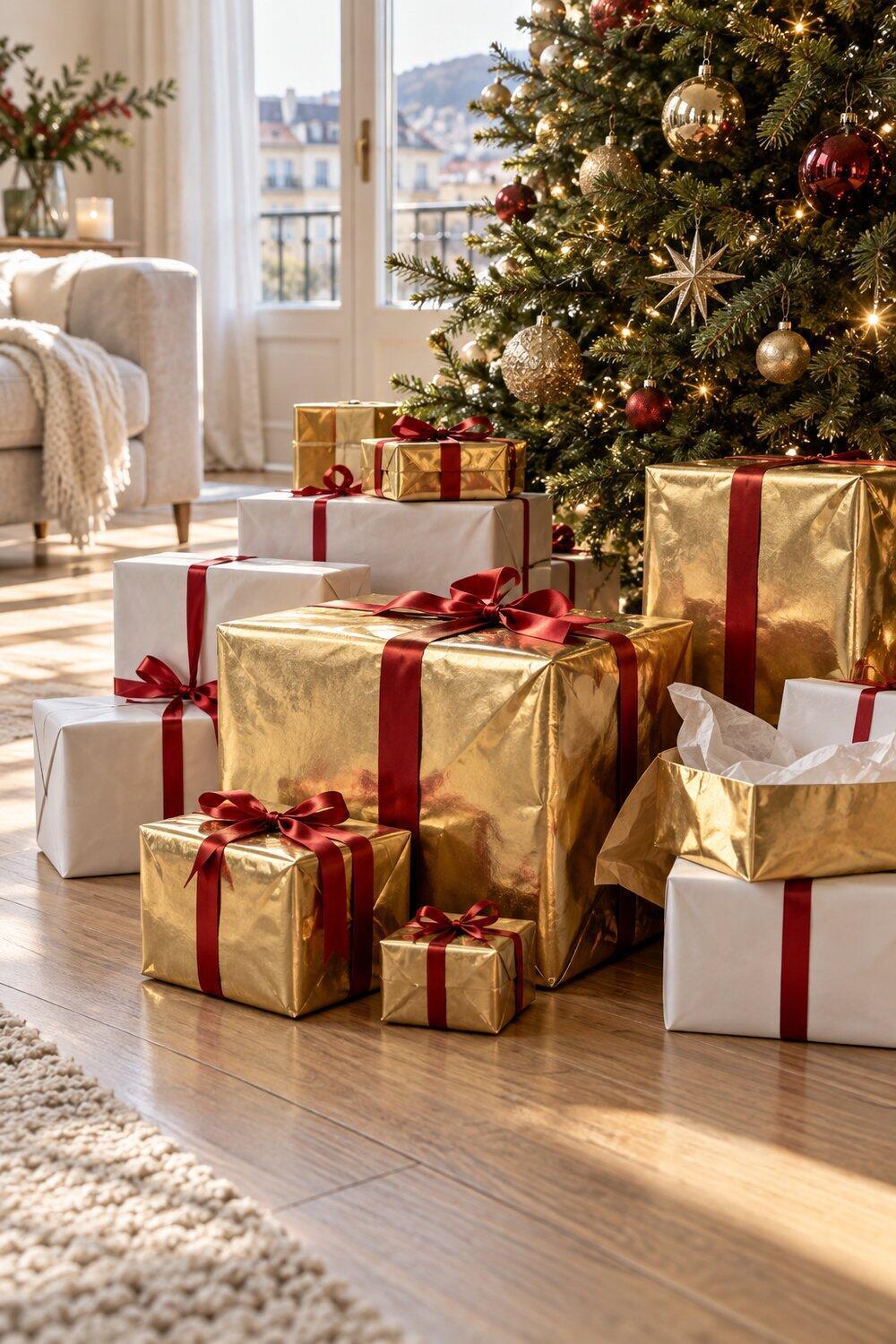Regalos envueltos en papel dorado y blanco con peque&ntilde;as lazadas rojas