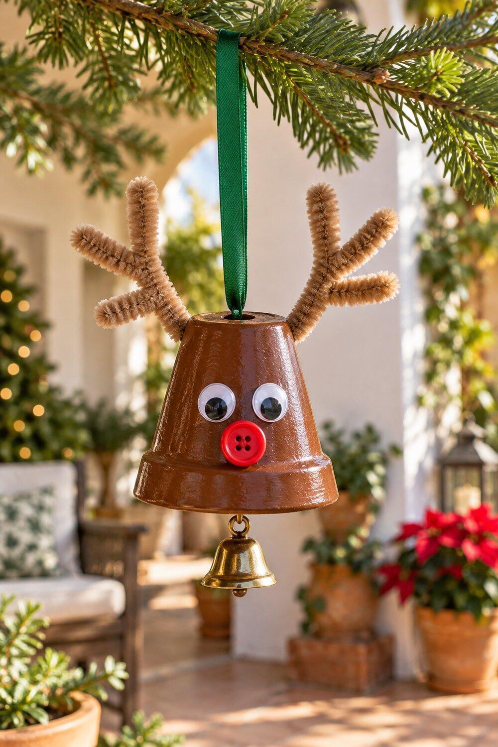 Ideas de Navidad con macetas de barro Reno de maceta marrón con nariz roja y cuernos de limpiapipas