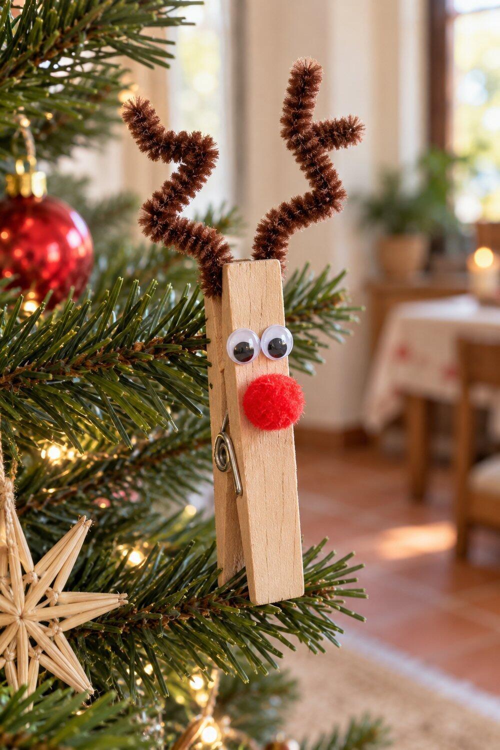Adornos de Navidad caseros fáciles y bonitos Reno de pinza con ojos móviles y nariz de pompón rojo