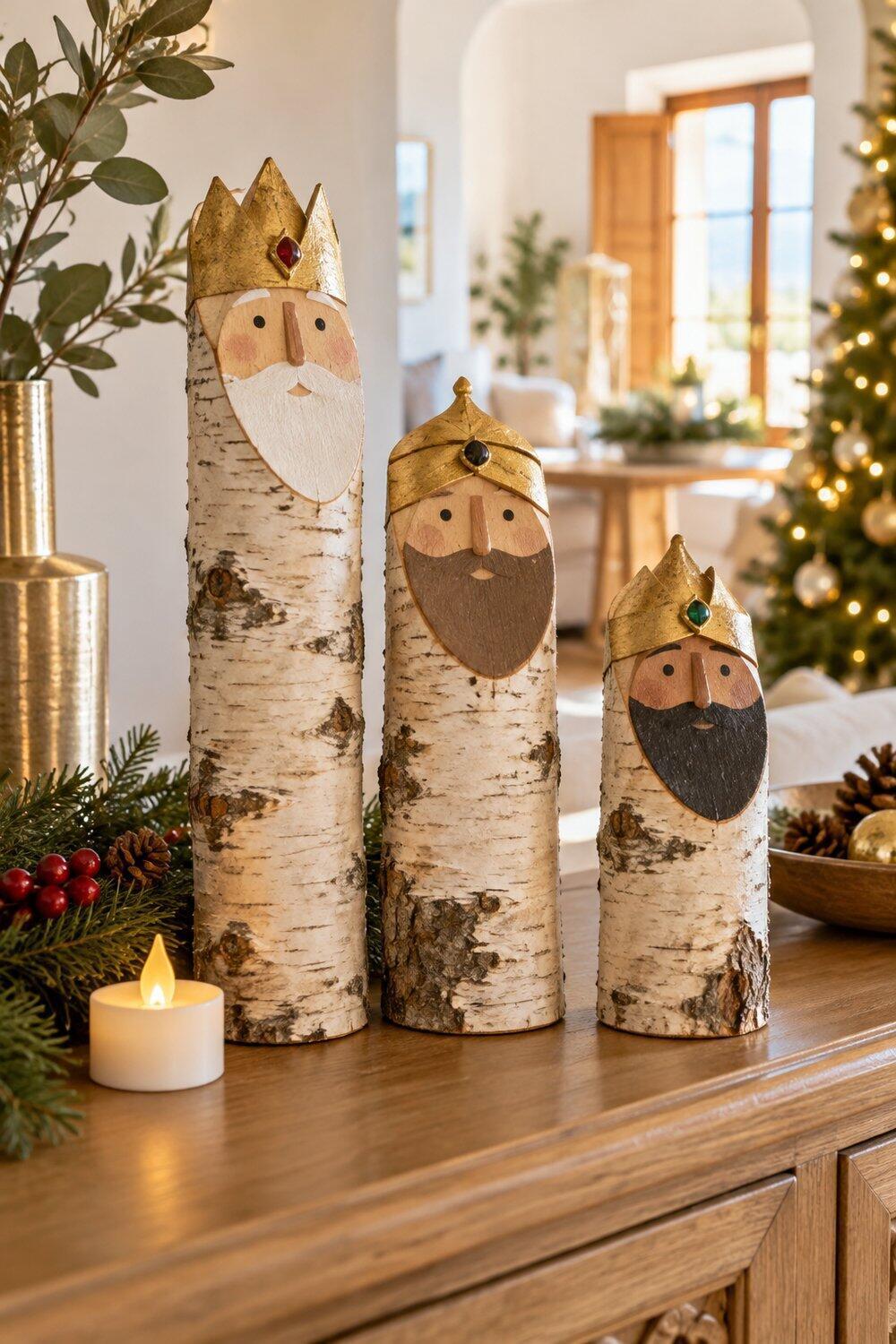Decoración navideña natural con ramas, piñas y madera Reyes Magos de troncos de abedul con rostros dibujados y luz LED