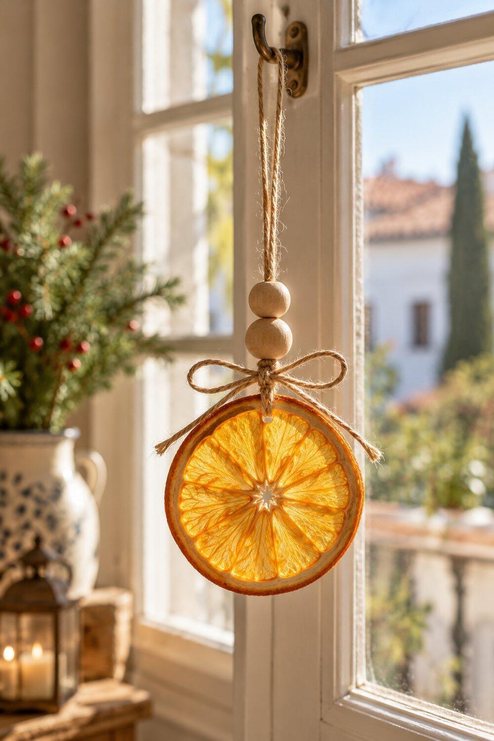 Adornos de Navidad caseros fáciles y bonitos Rodaja de naranja seca translúcida con cuentas de madera y cordel