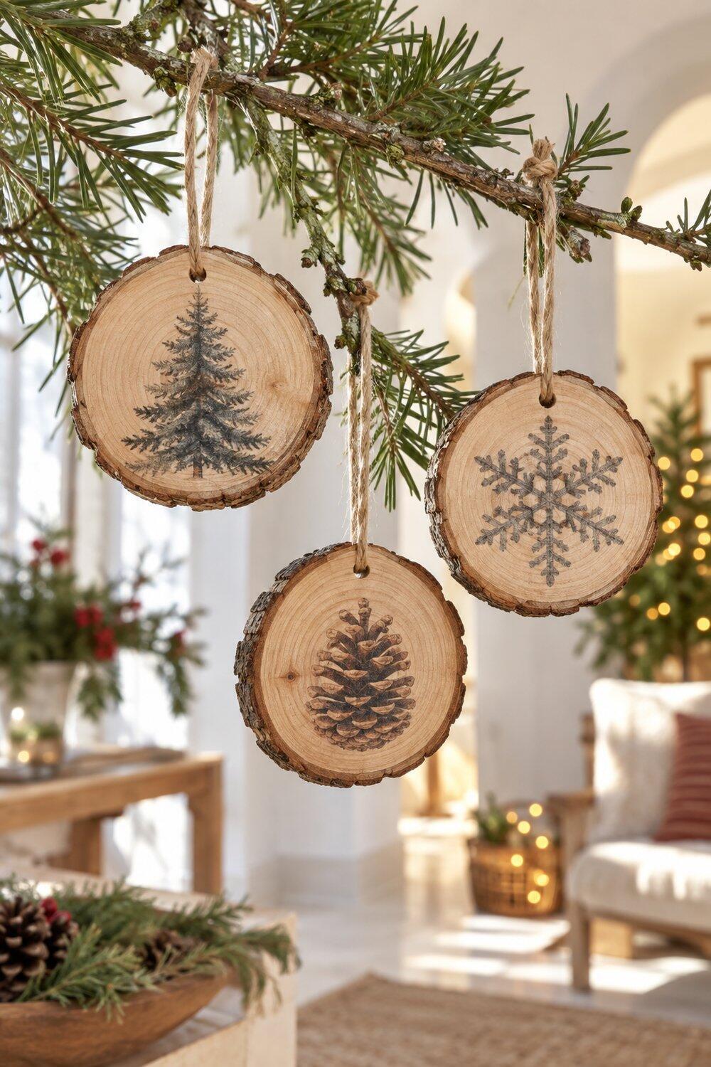 Decoración navideña natural con ramas, piñas y madera Rodajas de madera con nombres familiares y cuerda para colgar