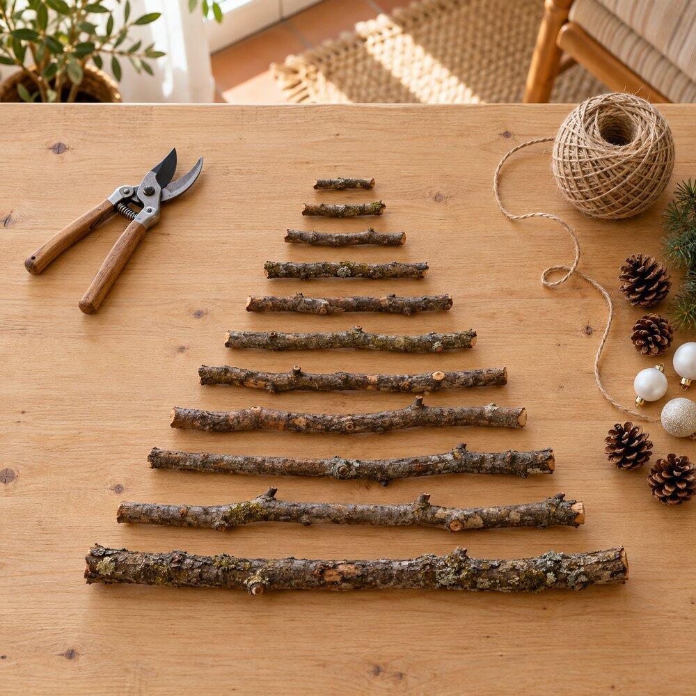 Decoración navideña natural con ramas, piñas y madera Ramas ordenadas de mayor a menor formando un triángulo sobre la mesa