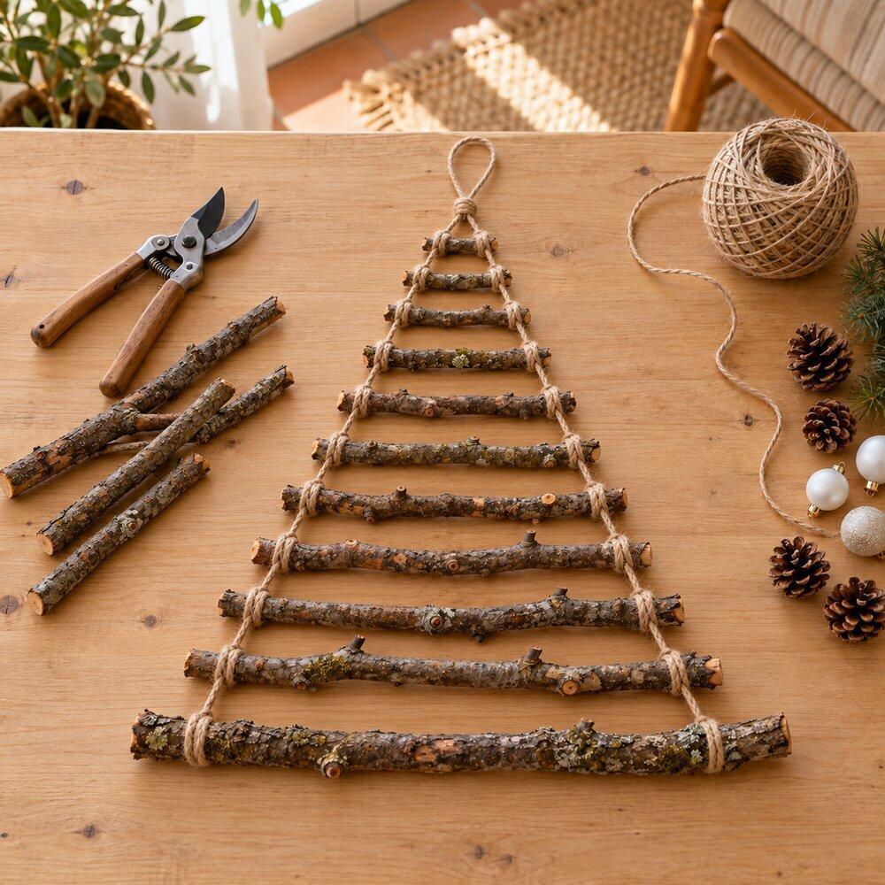 Decoración navideña natural con ramas, piñas y madera Ramas unidas por los extremos con nudos de cuerda de yute