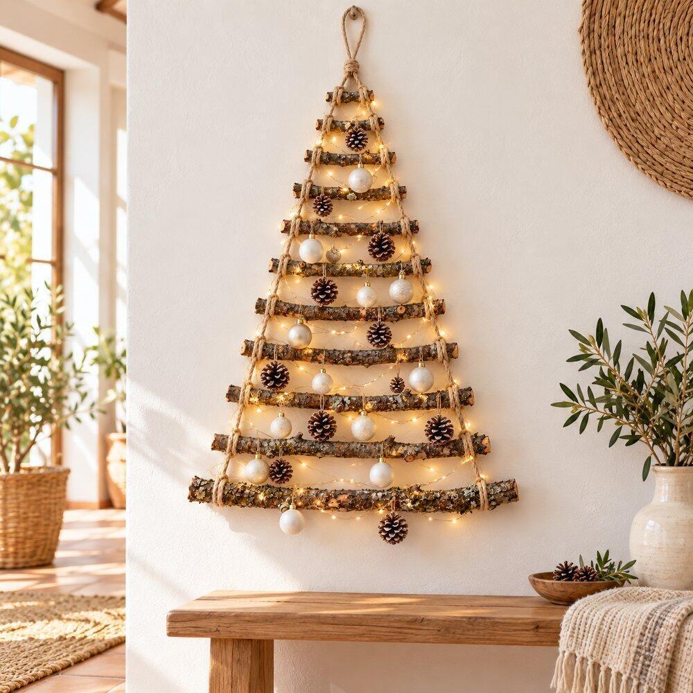 Decoración navideña natural con ramas, piñas y madera Árbol de ramas terminado con piñas bolas blancas y luces LED